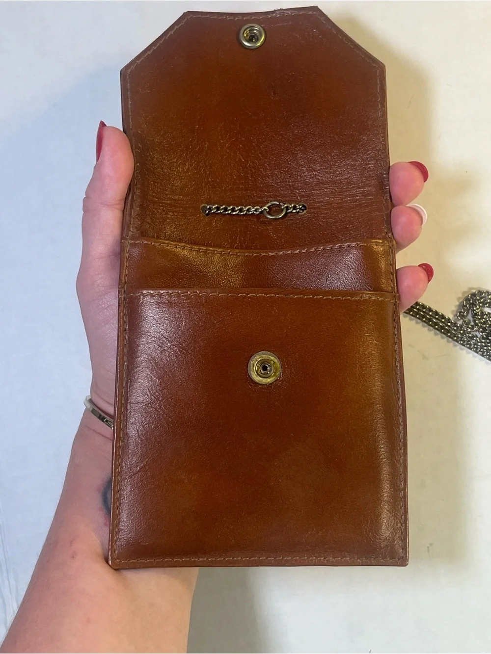 Vintage Brown Leather Crossbody Pouch with Chain Strap Passport Holder